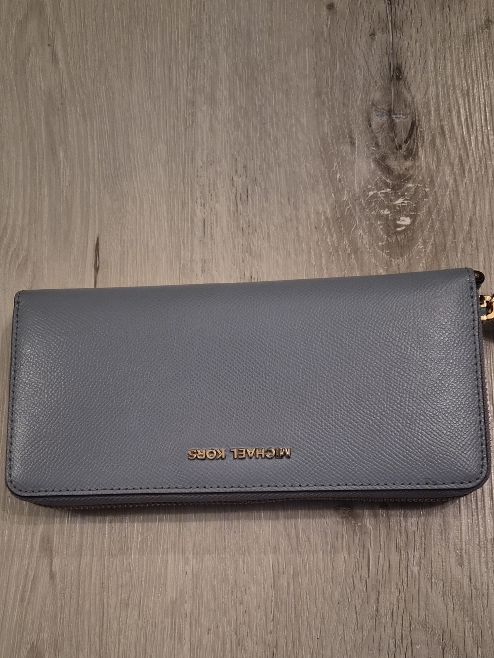 Michael Kors Steel Blue Pebbled Leather Zip-Around Wallet with Gold Logo
